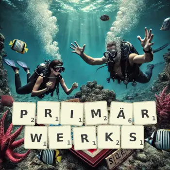 Kreative Illustration für ein Scrabble-Spiel, bei dem das Wort PRIMÄRWERKS mit Steinen auf dem Brett gelegt wurde.