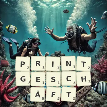 Kreative Illustration für ein Scrabble-Spiel, bei dem das Wort PRINTGESCHÄFT mit Steinen auf dem Brett gelegt wurde.
