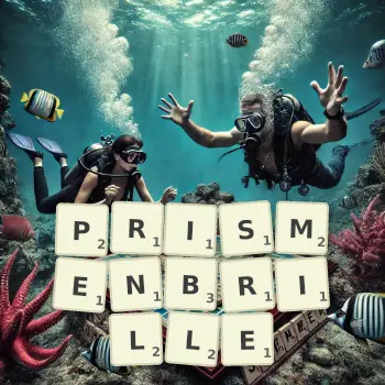 Kreative Illustration für ein Scrabble-Spiel, bei dem das Wort PRISMENBRILLE mit Steinen auf dem Brett gelegt wurde.