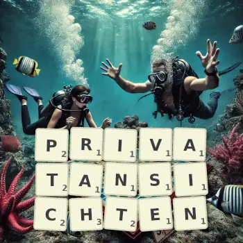 Kreative Illustration für ein Scrabble-Spiel, bei dem das Wort PRIVATANSICHTEN mit Steinen auf dem Brett gelegt wurde.