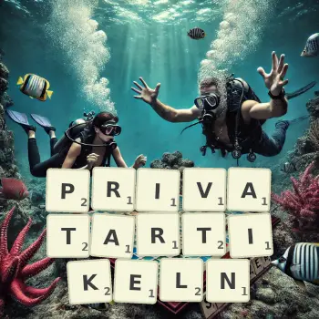 Kreative Illustration für ein Scrabble-Spiel, bei dem das Wort PRIVATARTIKELN mit Steinen auf dem Brett gelegt wurde.