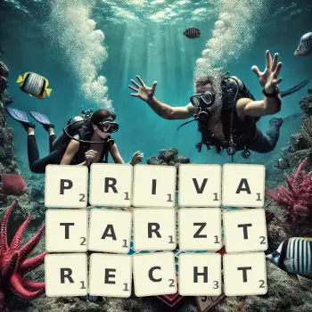 Kreative Illustration für ein Scrabble-Spiel, bei dem das Wort PRIVATARZTRECHT mit Steinen auf dem Brett gelegt wurde.