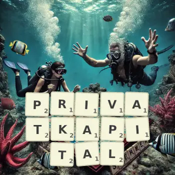 Kreative Illustration für ein Scrabble-Spiel, bei dem das Wort PRIVATKAPITAL mit Steinen auf dem Brett gelegt wurde.