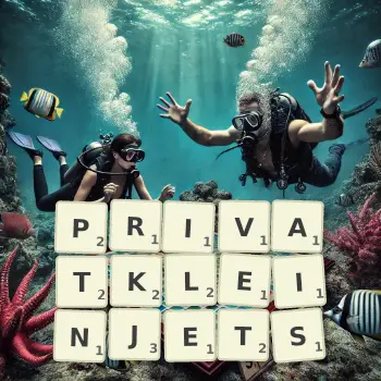 Kreative Illustration für ein Scrabble-Spiel, bei dem das Wort PRIVATKLEINJETS mit Steinen auf dem Brett gelegt wurde.
