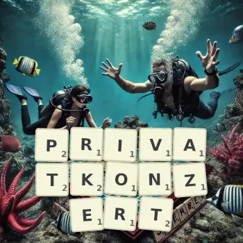Kreative Illustration für ein Scrabble-Spiel, bei dem das Wort PRIVATKONZERT mit Steinen auf dem Brett gelegt wurde.