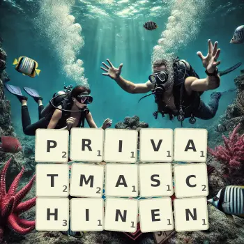 Kreative Illustration für ein Scrabble-Spiel, bei dem das Wort PRIVATMASCHINEN mit Steinen auf dem Brett gelegt wurde.