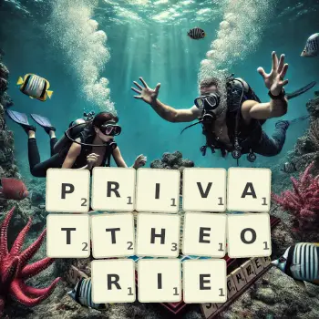 Kreative Illustration für ein Scrabble-Spiel, bei dem das Wort PRIVATTHEORIE mit Steinen auf dem Brett gelegt wurde.