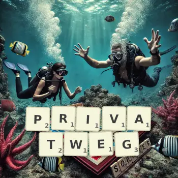 Kreative Illustration für ein Scrabble-Spiel, bei dem das Wort PRIVATWEG mit Steinen auf dem Brett gelegt wurde.