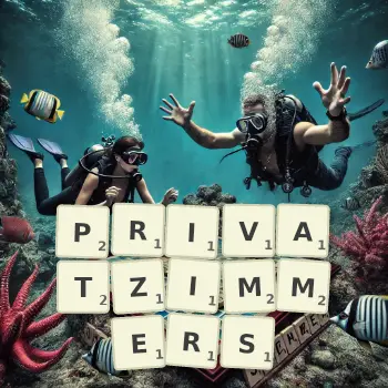 Kreative Illustration für ein Scrabble-Spiel, bei dem das Wort PRIVATZIMMERS mit Steinen auf dem Brett gelegt wurde.