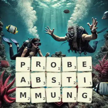 Kreative Illustration für ein Scrabble-Spiel, bei dem das Wort PROBEABSTIMMUNG mit Steinen auf dem Brett gelegt wurde.