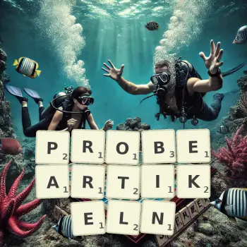 Kreative Illustration für ein Scrabble-Spiel, bei dem das Wort PROBEARTIKELN mit Steinen auf dem Brett gelegt wurde.