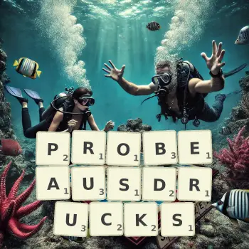 Kreative Illustration für ein Scrabble-Spiel, bei dem das Wort PROBEAUSDRUCKS mit Steinen auf dem Brett gelegt wurde.