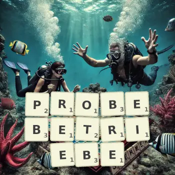 Kreative Illustration für ein Scrabble-Spiel, bei dem das Wort PROBEBETRIEBE mit Steinen auf dem Brett gelegt wurde.