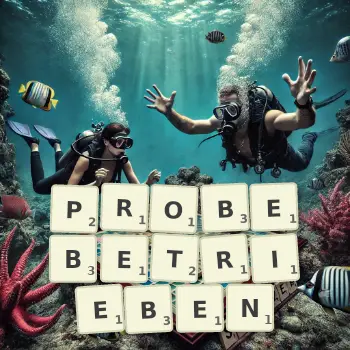 Kreative Illustration für ein Scrabble-Spiel, bei dem das Wort PROBEBETRIEBEN mit Steinen auf dem Brett gelegt wurde.