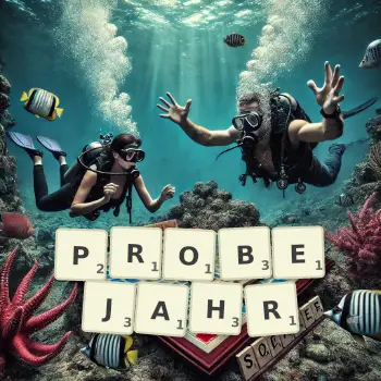 Kreative Illustration für ein Scrabble-Spiel, bei dem das Wort PROBEJAHR mit Steinen auf dem Brett gelegt wurde.