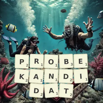 Kreative Illustration für ein Scrabble-Spiel, bei dem das Wort PROBEKANDIDAT mit Steinen auf dem Brett gelegt wurde.