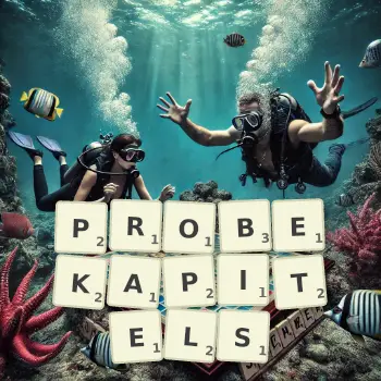 Kreative Illustration für ein Scrabble-Spiel, bei dem das Wort PROBEKAPITELS mit Steinen auf dem Brett gelegt wurde.