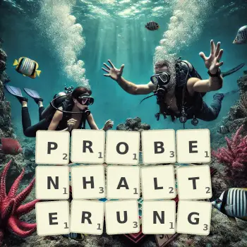 Kreative Illustration für ein Scrabble-Spiel, bei dem das Wort PROBENHALTERUNG mit Steinen auf dem Brett gelegt wurde.