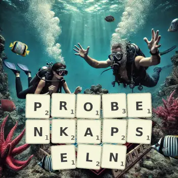 Kreative Illustration für ein Scrabble-Spiel, bei dem das Wort PROBENKAPSELN mit Steinen auf dem Brett gelegt wurde.