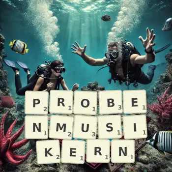 Kreative Illustration für ein Scrabble-Spiel, bei dem das Wort PROBENMUSIKERN mit Steinen auf dem Brett gelegt wurde.