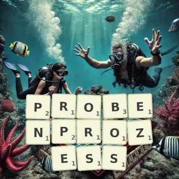 Kreative Illustration für ein Scrabble-Spiel, bei dem das Wort PROBENPROZESS mit Steinen auf dem Brett gelegt wurde.