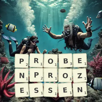 Kreative Illustration für ein Scrabble-Spiel, bei dem das Wort PROBENPROZESSEN mit Steinen auf dem Brett gelegt wurde.