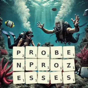 Kreative Illustration für ein Scrabble-Spiel, bei dem das Wort PROBENPROZESSES mit Steinen auf dem Brett gelegt wurde.