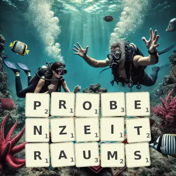 Kreative Illustration für ein Scrabble-Spiel, bei dem das Wort PROBENZEITRAUMS mit Steinen auf dem Brett gelegt wurde.