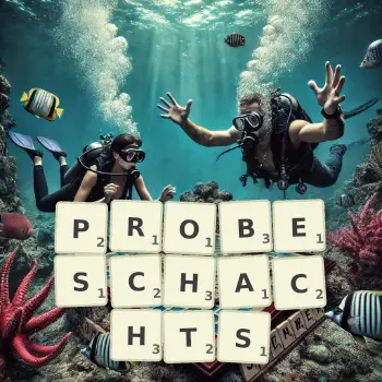 Kreative Illustration für ein Scrabble-Spiel, bei dem das Wort PROBESCHACHTS mit Steinen auf dem Brett gelegt wurde.