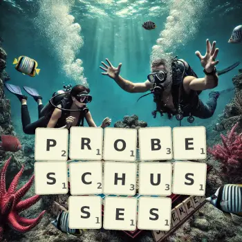 Kreative Illustration für ein Scrabble-Spiel, bei dem das Wort PROBESCHUSSES mit Steinen auf dem Brett gelegt wurde.