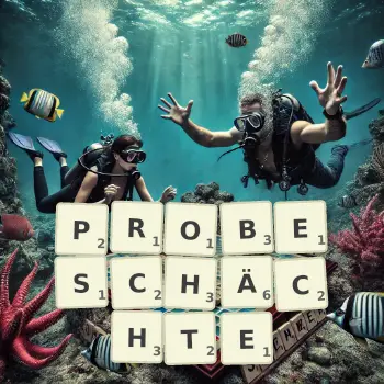 Kreative Illustration für ein Scrabble-Spiel, bei dem das Wort PROBESCHÄCHTE mit Steinen auf dem Brett gelegt wurde.