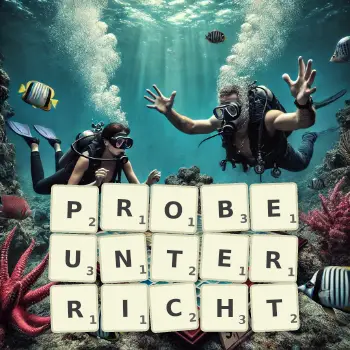 Kreative Illustration für ein Scrabble-Spiel, bei dem das Wort PROBEUNTERRICHT mit Steinen auf dem Brett gelegt wurde.