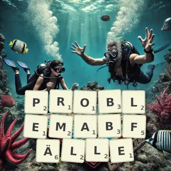 Kreative Illustration für ein Scrabble-Spiel, bei dem das Wort PROBLEMABFÄLLE mit Steinen auf dem Brett gelegt wurde.