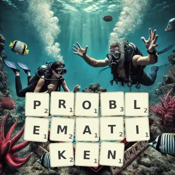 Kreative Illustration für ein Scrabble-Spiel, bei dem das Wort PROBLEMATIKEN mit Steinen auf dem Brett gelegt wurde.