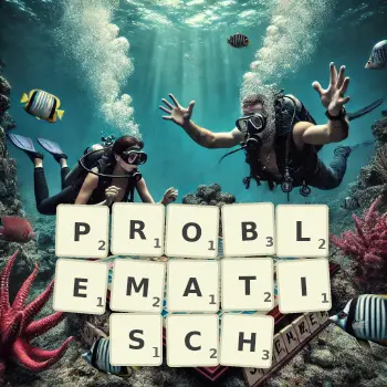 Kreative Illustration für ein Scrabble-Spiel, bei dem das Wort PROBLEMATISCH mit Steinen auf dem Brett gelegt wurde.