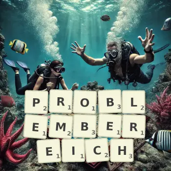 Kreative Illustration für ein Scrabble-Spiel, bei dem das Wort PROBLEMBEREICH mit Steinen auf dem Brett gelegt wurde.