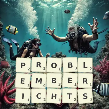 Kreative Illustration für ein Scrabble-Spiel, bei dem das Wort PROBLEMBERICHTS mit Steinen auf dem Brett gelegt wurde.