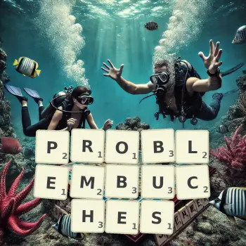 Kreative Illustration für ein Scrabble-Spiel, bei dem das Wort PROBLEMBUCHES mit Steinen auf dem Brett gelegt wurde.