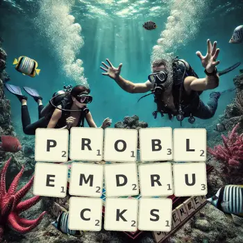 Kreative Illustration für ein Scrabble-Spiel, bei dem das Wort PROBLEMDRUCKS mit Steinen auf dem Brett gelegt wurde.