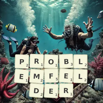 Kreative Illustration für ein Scrabble-Spiel, bei dem das Wort PROBLEMFELDER mit Steinen auf dem Brett gelegt wurde.
