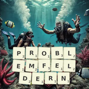 Kreative Illustration für ein Scrabble-Spiel, bei dem das Wort PROBLEMFELDERN mit Steinen auf dem Brett gelegt wurde.