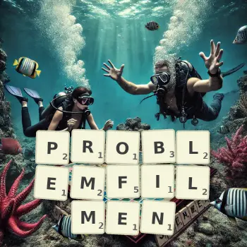 Kreative Illustration für ein Scrabble-Spiel, bei dem das Wort PROBLEMFILMEN mit Steinen auf dem Brett gelegt wurde.