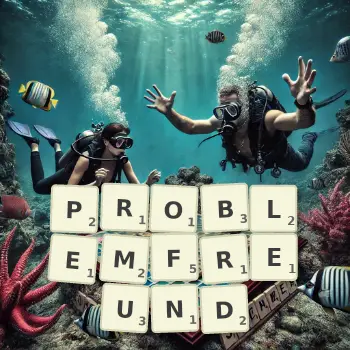 Kreative Illustration für ein Scrabble-Spiel, bei dem das Wort PROBLEMFREUND mit Steinen auf dem Brett gelegt wurde.