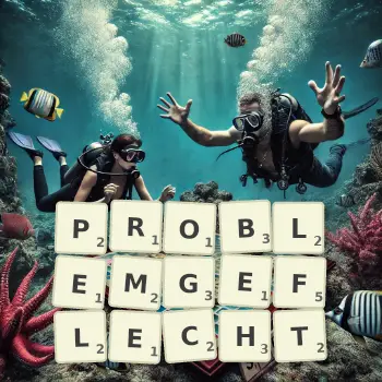 Kreative Illustration für ein Scrabble-Spiel, bei dem das Wort PROBLEMGEFLECHT mit Steinen auf dem Brett gelegt wurde.
