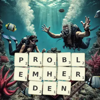 Kreative Illustration für ein Scrabble-Spiel, bei dem das Wort PROBLEMHERDEN mit Steinen auf dem Brett gelegt wurde.
