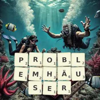 Kreative Illustration für ein Scrabble-Spiel, bei dem das Wort PROBLEMHÄUSER mit Steinen auf dem Brett gelegt wurde.