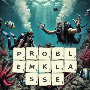 Kreative Illustration für ein Scrabble-Spiel, bei dem das Wort PROBLEMKLASSE mit Steinen auf dem Brett gelegt wurde.