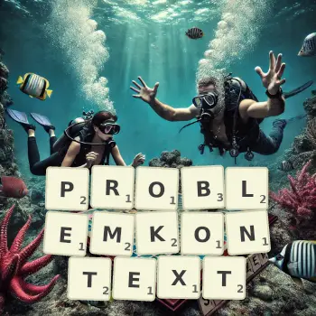 Kreative Illustration für ein Scrabble-Spiel, bei dem das Wort PROBLEMKONTEXT mit Steinen auf dem Brett gelegt wurde.