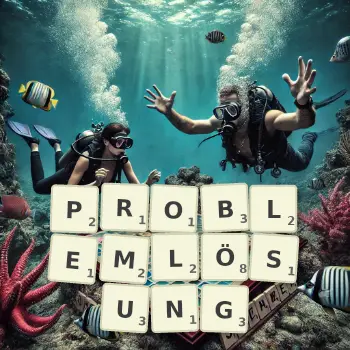 Kreative Illustration für ein Scrabble-Spiel, bei dem das Wort PROBLEMLÖSUNG mit Steinen auf dem Brett gelegt wurde.