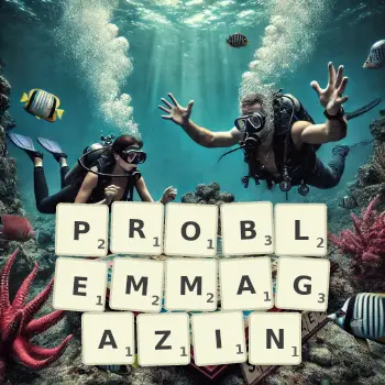 Kreative Illustration für ein Scrabble-Spiel, bei dem das Wort PROBLEMMAGAZIN mit Steinen auf dem Brett gelegt wurde.